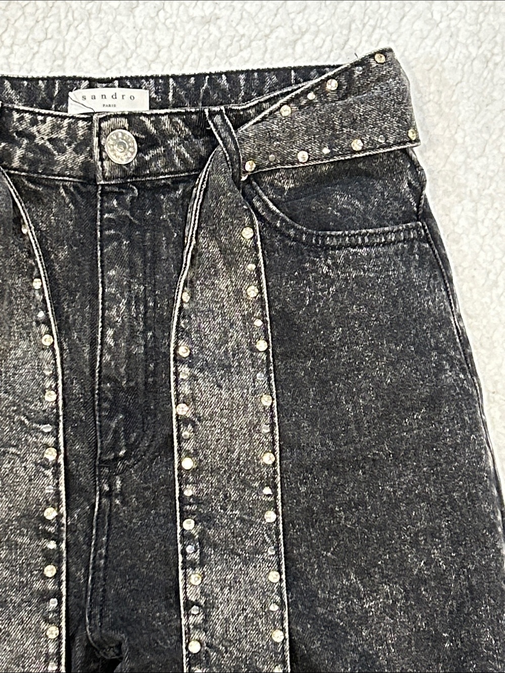 Sandro Fredd Black Acid Wash Jeans size 6 Studded Crystal Belt Straight Leg - Picture 4 of 14